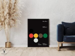 Mid-century modern inspired wall art poster of Braun designer Dieter Rams, minimalist and functionalist artwork for stylish interiors.