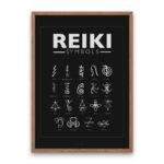Reiki symbols poster with Cho Ku Rei, Dai Ko Myo, Sei He Ki displayed in a minimalist black and white design.