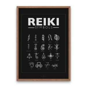 Reiki symbols poster with Cho Ku Rei, Dai Ko Myo, Sei He Ki displayed in a minimalist black and white design.