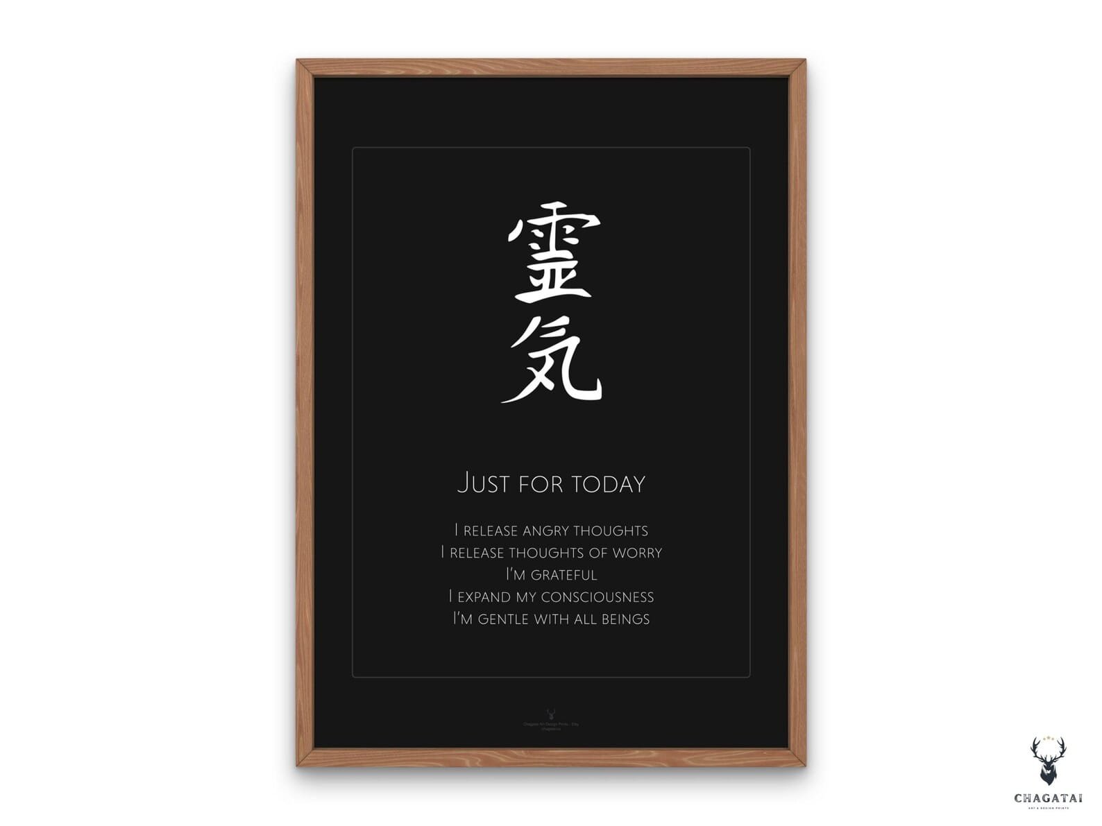 Reiki Principles Poster with “Just for Today” affirmations for meditation and mindfulness wall décor.