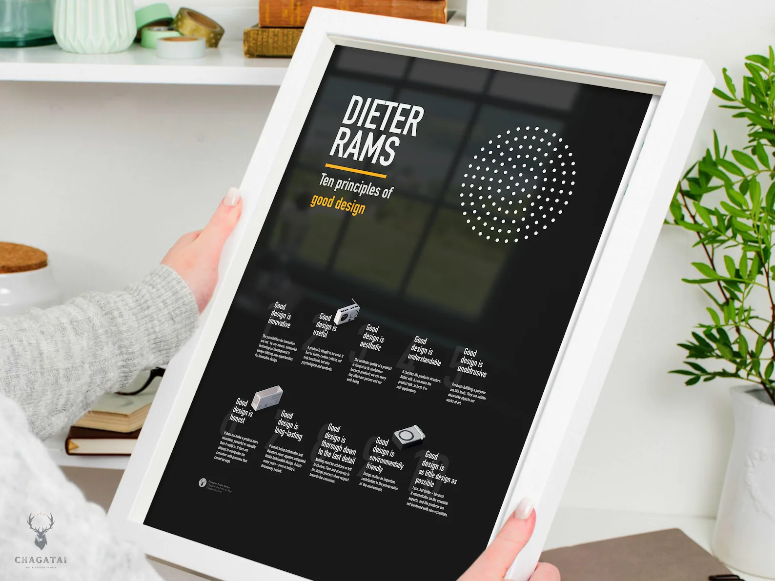 Black and white Dieter Rams wall art displaying the Ten Principles of Good Design with Bauhaus-inspired minimalist typography.