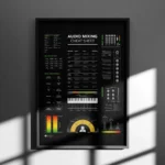 EQ frequency chart poster for mixing, featuring detailed audio spectrum ranges for instruments and vocals.