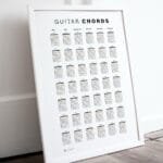 Guitar Chords visual guide poster with over 50 chord diagrams including major, minor, 7th, diminished, and more.