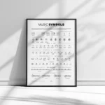 Music Theory Cheat Sheet poster with music symbols and meanings