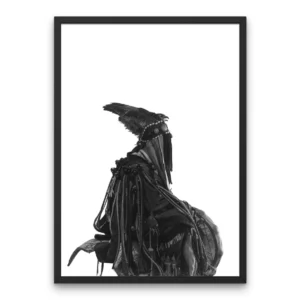 Black and white Shaman Wall Art featuring mystical tribal figure with ritual details, perfect for gothic, pagan, and bohemian home decoration.
