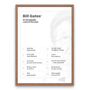 Bill Gates Poster showing 10 unbreakable laws of success, motivational office wall art for entrepreneurs and students