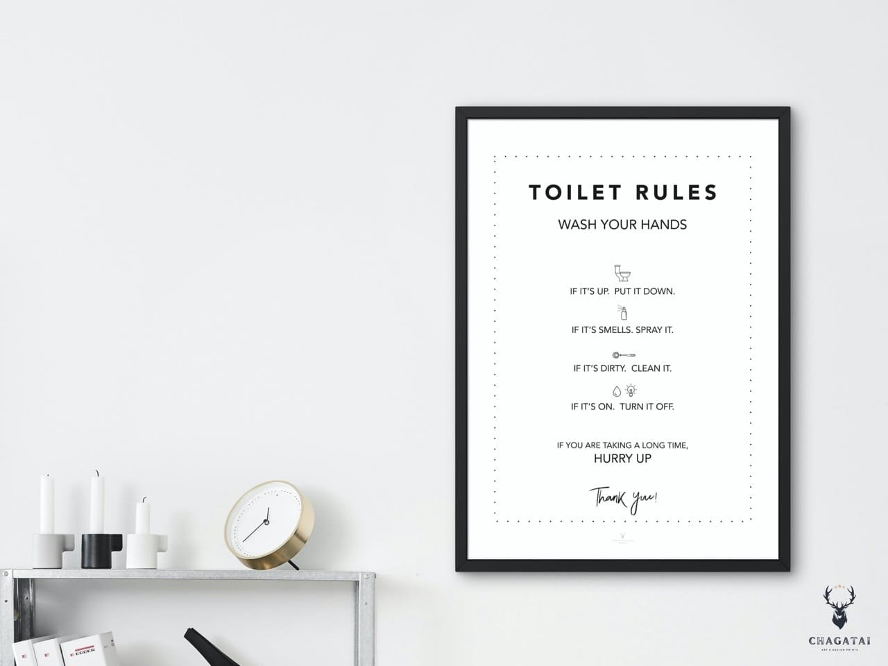 Printable Toilet Rules Sign for guest bathroom, humorous wall art for restroom etiquette, minimalist black and white style.