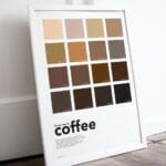 Coffee color palette poster featuring a tone guide from light to dark coffee drinks.