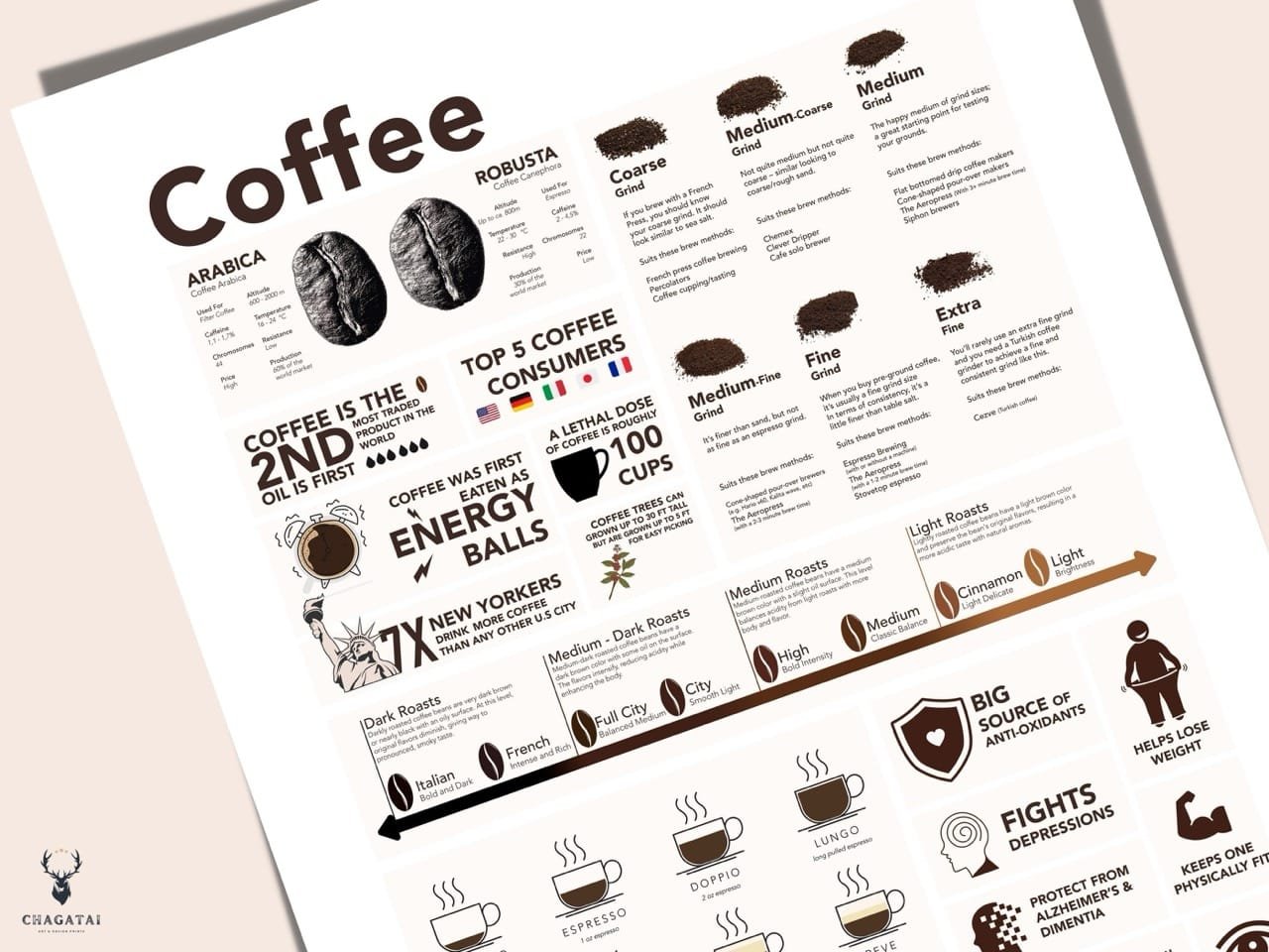 Coffee Brewing Wall Art displaying coffee grind sizes and brewing chart, ideal for kitchen wall décor and barista training prints.