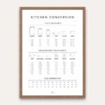 Printable kitchen scales and cooking measurement conversion chart poster with baking temperature guide for home chefs and bakers.