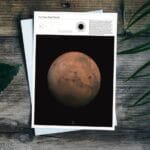 NASA Mars poster design with orbit diagram and data panel, serving as space education wall art for classrooms, makerspaces, and homeschool rooms.