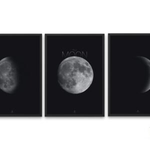 Moon Phases Set minimalist lunar cycle wall art trio with modern black background.