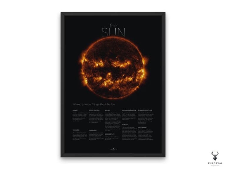 Educational Sun Poster featuring a high-resolution solar image and labeled facts for STEM classrooms, homeschool science walls, and astronomy lovers seeking a clear learning chart.