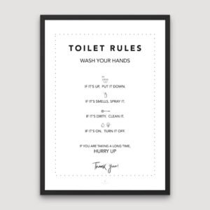 Minimalist Toilet Rules Sign with funny bathroom etiquette quotes, designed in black and white style for modern bathroom wall decor.