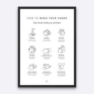 Minimalist Hand Washing Poster showing how to wash hands step by step, ideal for bathroom hygiene decor, kids and adults hand washing chart.