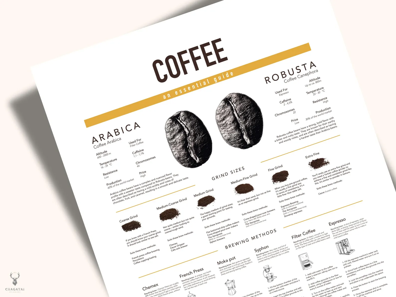Coffee grind size chart infographic for brewing coffee.