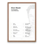 Minimalist Elon Musk Success Poster framed in wood, showing the 10 unbreakable laws of success with clean typography and modern design.