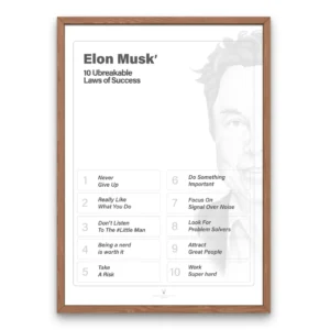 Minimalist Elon Musk Success Poster framed in wood, showing the 10 unbreakable laws of success with clean typography and modern design.