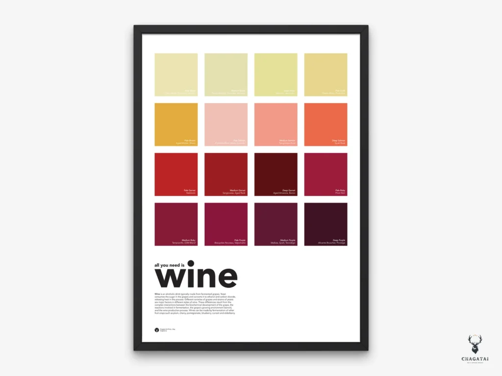 Modern wine color poster with spectrum of red and rosé shades for sommeliers and wine lovers