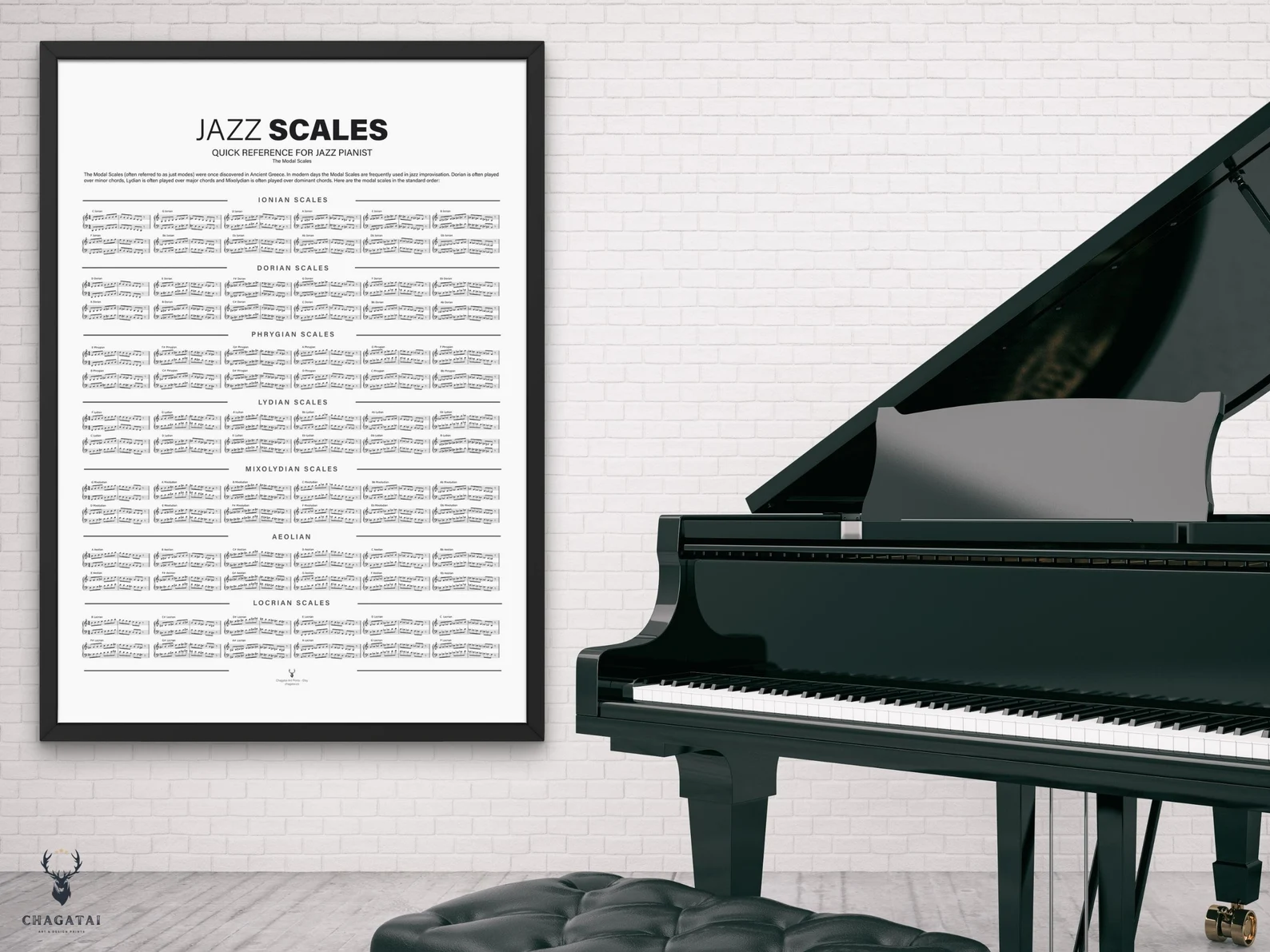 Jazz Scales Chart with modal scales reference for piano improvisation and jazz music learning.