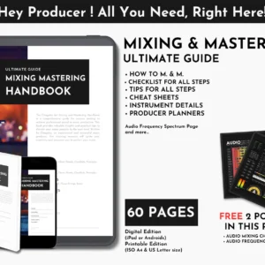 High-resolution Learn Mix & Mastering PDF guide with 60+ pages of checklists, cheat sheets, EQ and compression tips, and mastering strategies for all DAWs.
