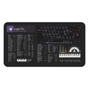 Top view of Logic Pro shortcut desk mat displaying essential keyboard commands for music production. Ideal for creatives seeking efficiency.
