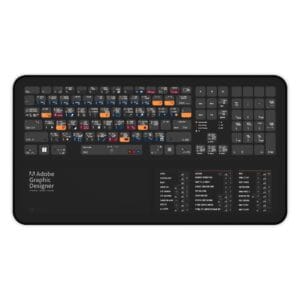 Top view of Adobe Graphic Designer Windows shortcut desk mat showing Illustrator, InDesign, and Photoshop shortcuts for designers and creatives