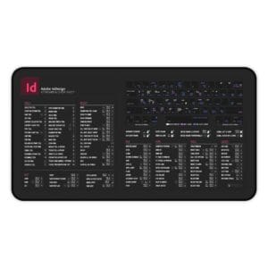 Top view of Adobe InDesign shortcut desk mat displaying essential keyboard commands for layout design. Ideal for creatives seeking efficiency