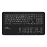 Top view of Adobe Photographer shortcut desk mat displaying essential Photoshop and Lightroom keyboard commands for photo editing professionals.