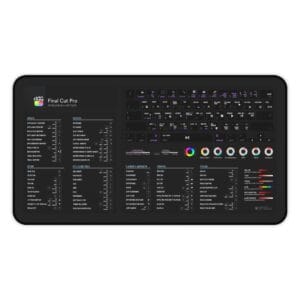 Top view of Final Cut Pro shortcut desk mat displaying essential keyboard commands for video editing. Ideal for creatives seeking efficiency