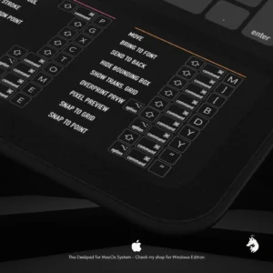 Close-up of Adobe Mac keyboard shortcut mat highlighting key functions for streamlined design workflows.