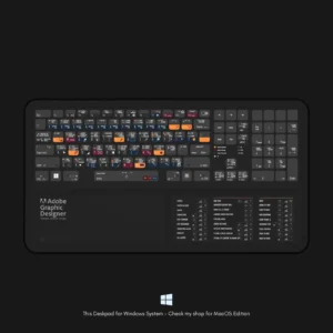 Close-up of Windows keyboard shortcut mat featuring Adobe Creative Suite hotkeys for faster workflow