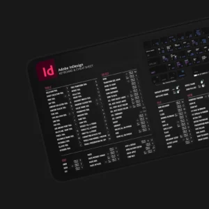 Packaging of the Adobe InDesign shortcut mat, indicating premium quality and design tailored for creative professionals.