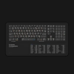 Close-up of Photoshop and Lightroom keyboard shortcut mat highlighting key functions for streamlined photo editing workflows.