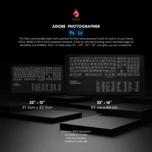 Adobe Photographer desk mat positioned with a keyboard, showcasing its practical design for photographers and editors.