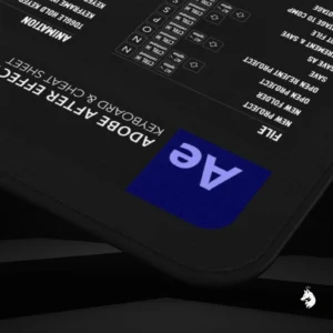 Close-up of After Effects keyboard shortcut mat highlighting key functions for streamlined design workflows.
