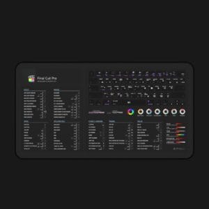 Final Cut Pro desk mat positioned with a keyboard, showcasing its practical design for editors and filmmakers.