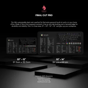Final Cut Pro desk mat placed in a professional studio setup, enhancing workflow efficiency for video projects.