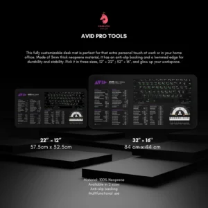 A Pro Tools desk mat setup in a professional studio, enhancing sound editing productivity and workspace organization