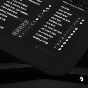 Close-up of Unreal Engine keyboard shortcut mat highlighting key functions for streamlined development workflows.