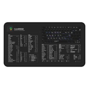Top view of CorelDRAW Windows shortcut desk mat displaying essential design keyboard shortcuts for PC users.