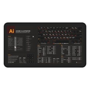 Top view of Adobe Illustrator shortcut desk mat with essential keyboard commands for graphic designers. Perfect for improving design workflow