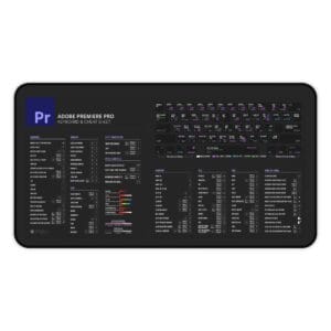 Top view of Adobe Premiere Pro shortcut desk mat displaying essential keyboard commands for video editing. Ideal for editors seeking efficiency.