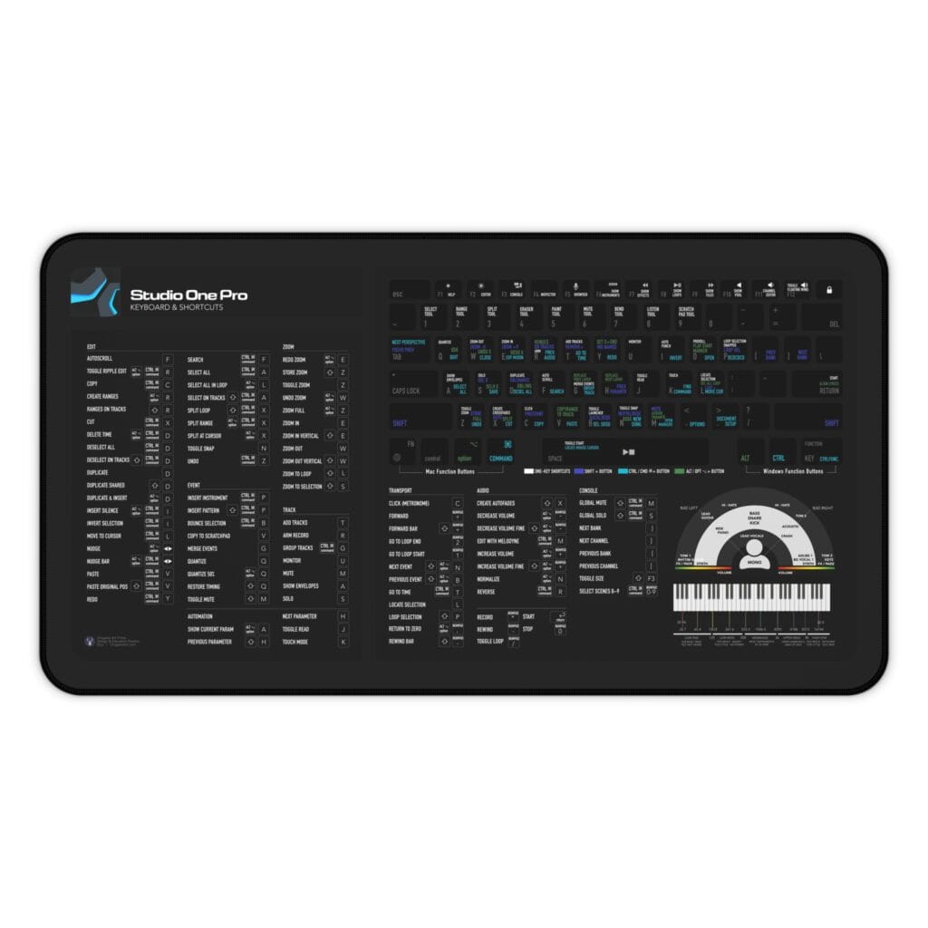 Top view of Studio One Pro shortcut desk mat displaying essential keyboard commands for music production. Ideal for producers seeking efficiency.