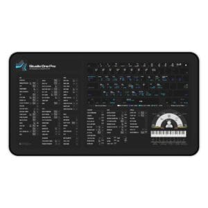Top view of Studio One Pro shortcut desk mat displaying essential keyboard commands for music production. Ideal for producers seeking efficiency.