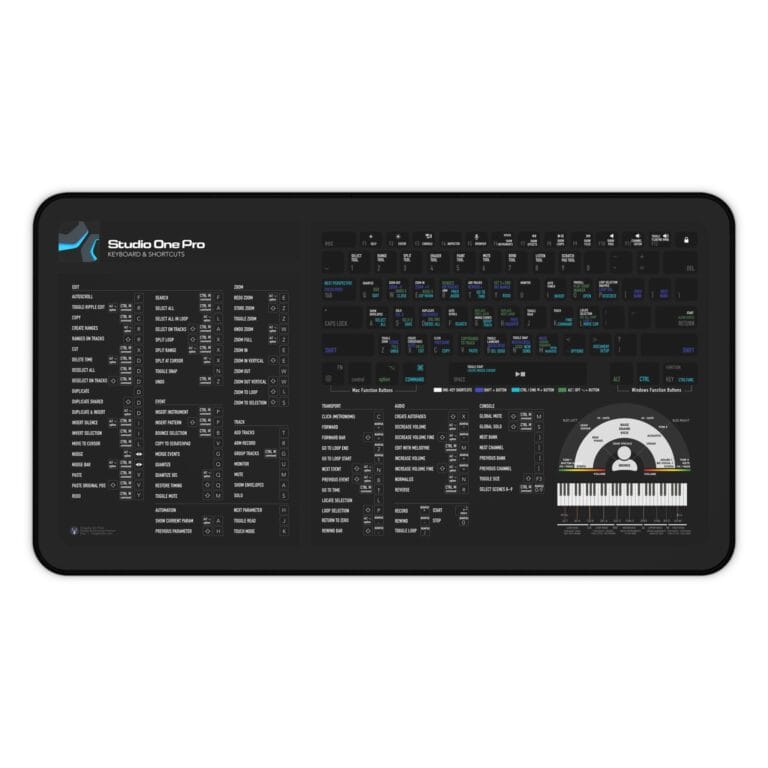 Top view of Studio One Pro shortcut desk mat displaying essential keyboard commands for music production. Ideal for producers seeking efficiency.