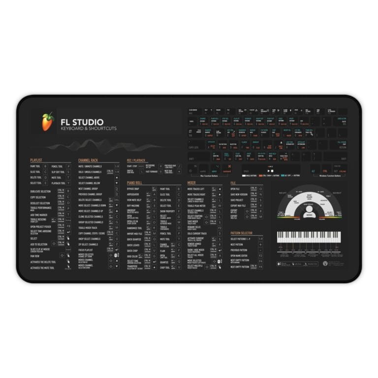 Top view of FL Studio shortcut desk mat displaying essential keyboard commands for music production. Ideal for producers seeking efficiency