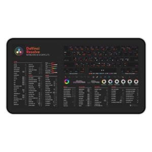 Top view of DaVinci Resolve shortcut desk mat displaying essential keyboard commands for video editing. Ideal for editors and colorists.