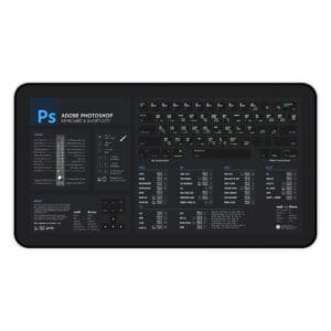 Top view of Adobe Photoshop shortcut desk mat displaying essential keyboard commands for graphic design. Ideal for creatives seeking efficiency