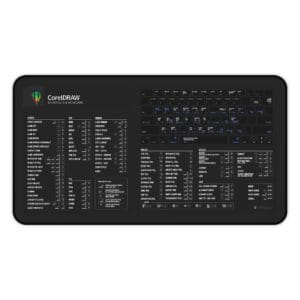 Top view of CorelDRAW Mac shortcut desk mat displaying keyboard commands for creative professionals working on macOS